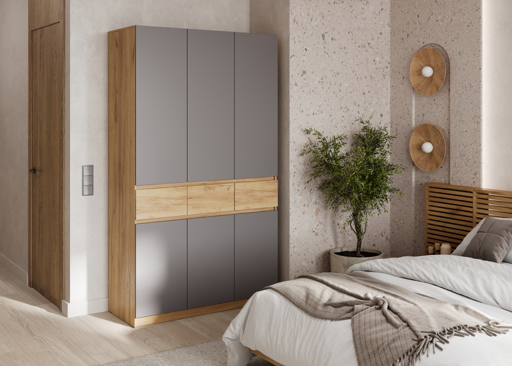 БОСТОН ЛАЙТ Шкаф ШК-003 (3-ств.) Корпус - Дуб Крафт золотой К003  Фасад ЛДСП - Серый Шифер