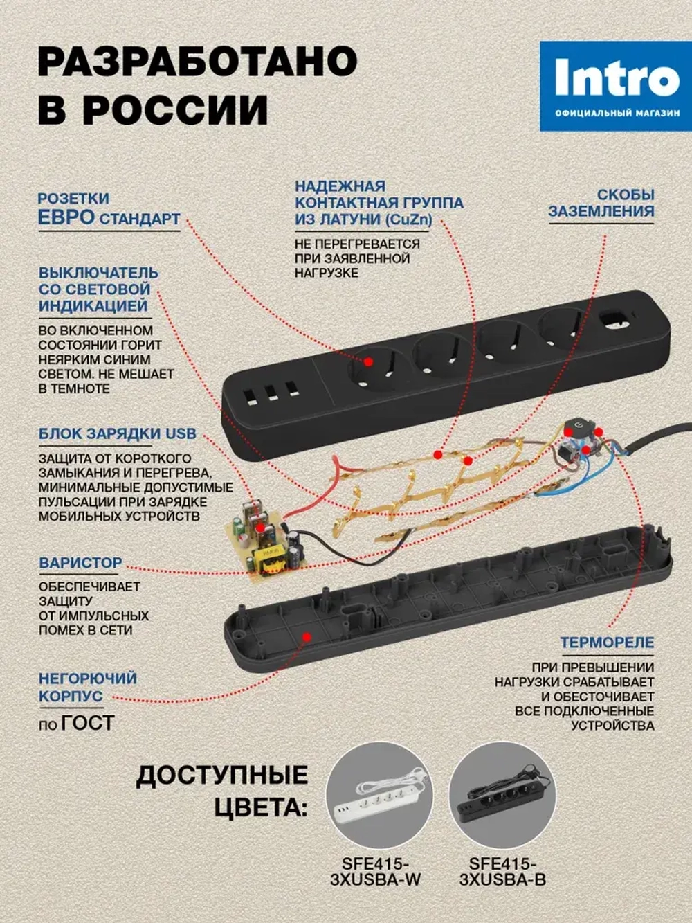 Сетевой фильтр Intro SFE415-3xUSBA-B с базовой защитой с заземлением с выключателем 4 розетки+3xUSBA 3,3A 1,5м 10А / удлинитель сетевой 1,5м