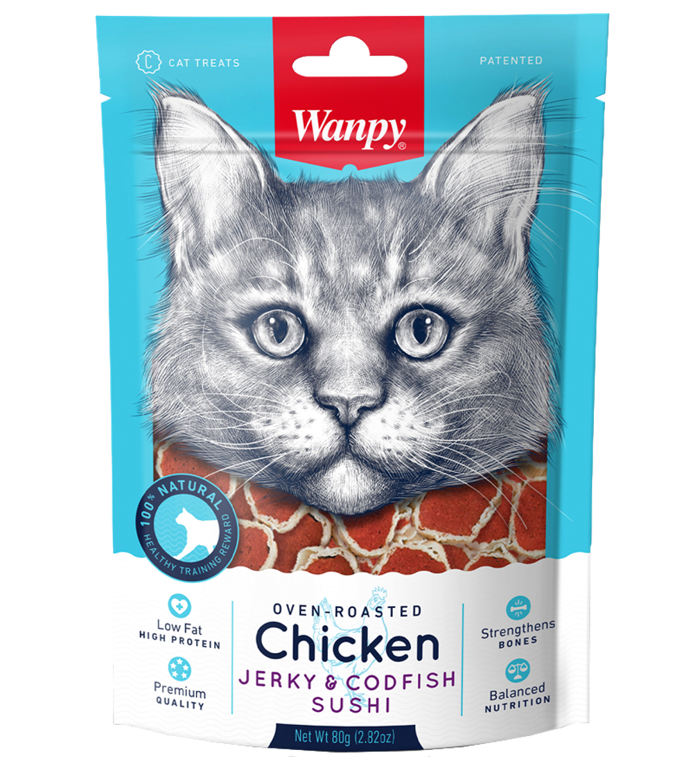 Wanpy Cat Лакомство для кошек «суши» из курицы с треской 80гр.