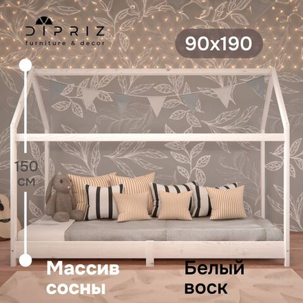 Кровать детская, 90х190, Кози, кровать домик, односпальная, из массива дерева, белый, Dipriz