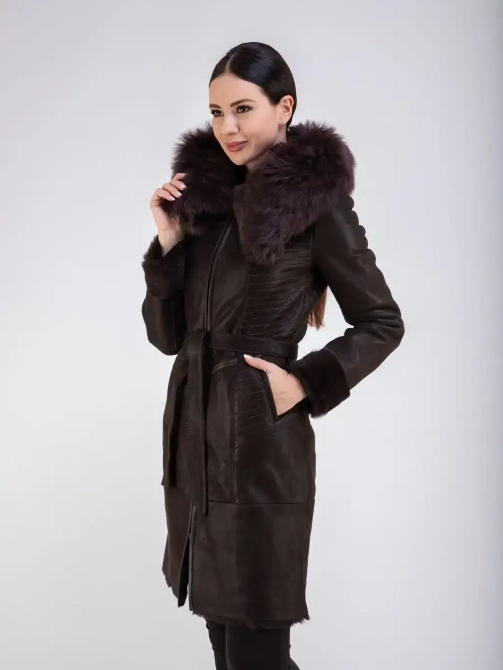 Дубленка женская натуральная с капюшоном длинная Турция