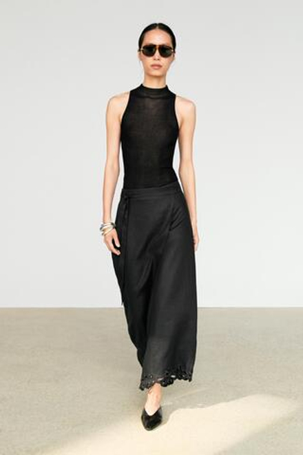 Massimo Dutti Юбка-шорты из 100% льна с вышивкой, черный