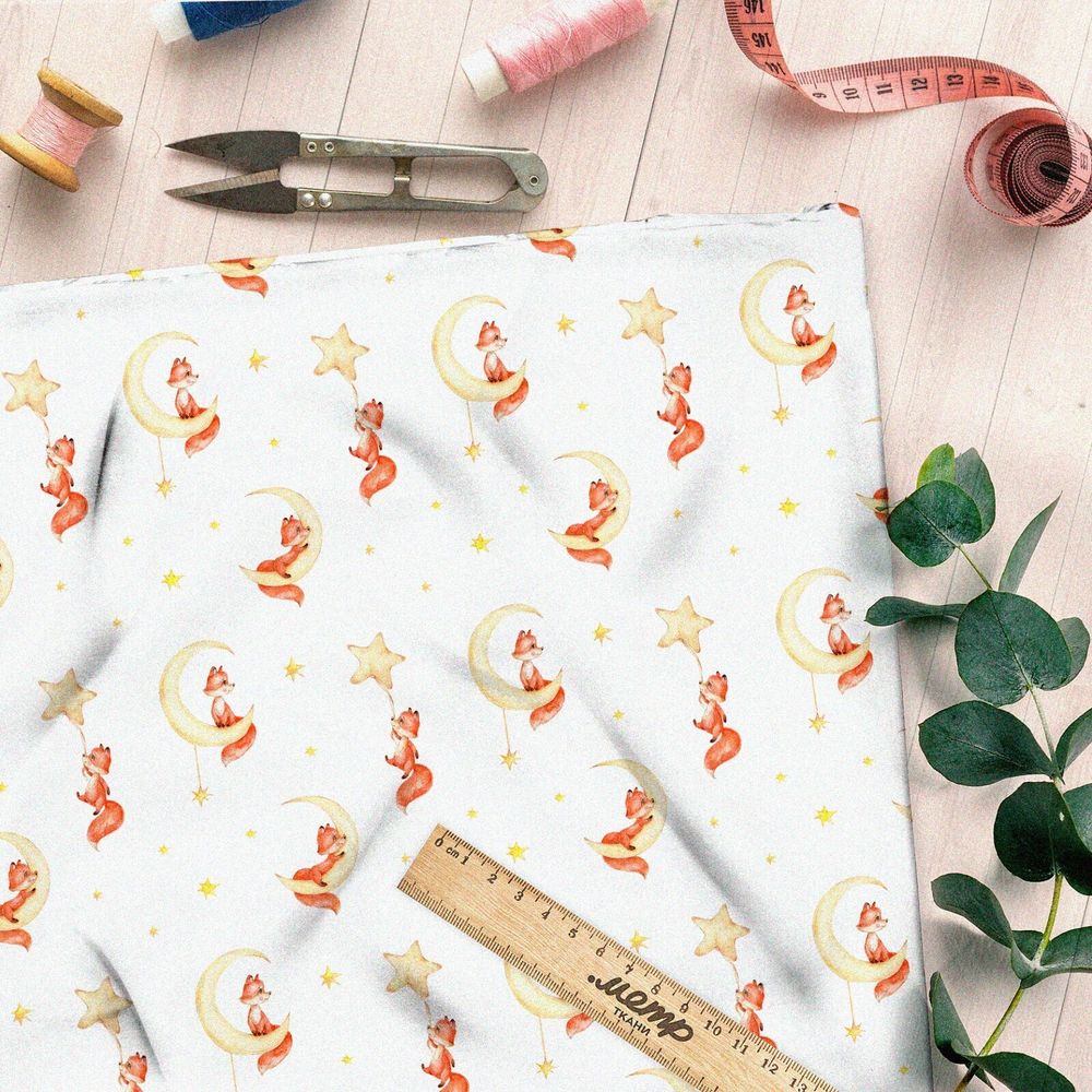 Ткань муслин лисёнок на луне со звёздами