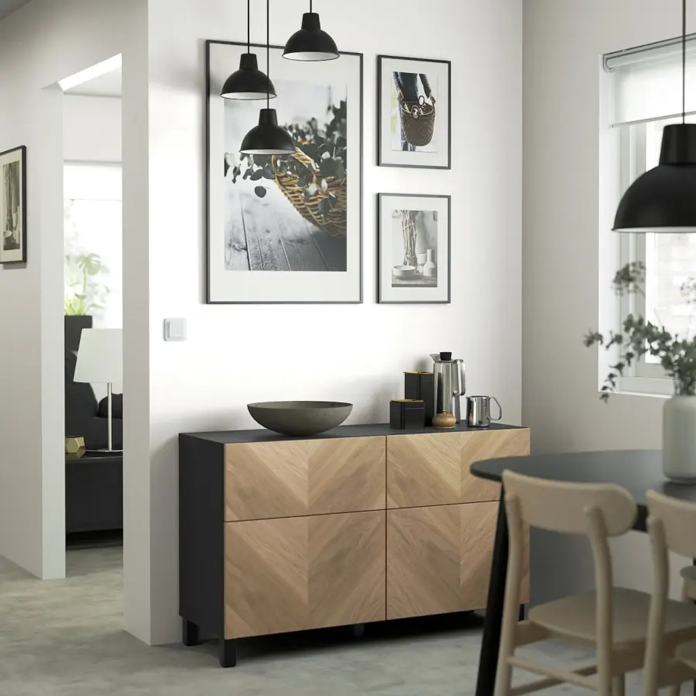 Комбинация для хранения - IKEA BESTÅ/BESTA, 120х42х74 см, черно-коричневый/под беленый дуб, БЕСТО ИКЕА