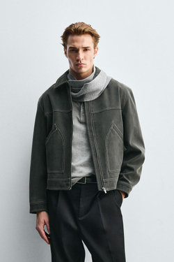 ZARA КУРТКА В ВИНТАЖНОМ СТИЛЕ ИЗ ИСКУССТВЕННОЙ ЗАМШИ, ТЕМНО-СЕРЫЙ