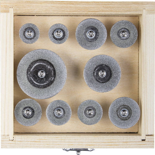 Набор ЗУБР ″ЭКСПЕРТ″ Мини-круги с алмазным напылением на шпильке, дерев. бокс, d 16-40, P200, хвост. d 3мм, 10 предм