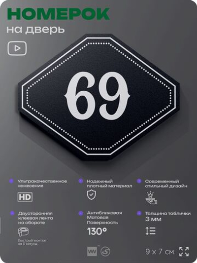Номерок на дверь квартиры 69, для кабинета, офиса, шильдик 9 х 7 см, черный, Айдентика Технолоджи