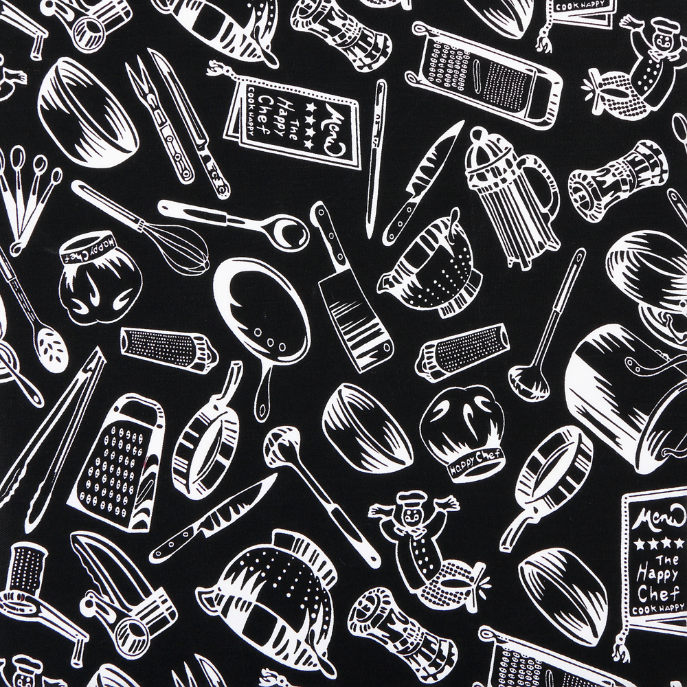 Фартук «Гриль» поварёшки и кастрюли на чёрном фоне
