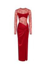 Платье макси драпированное из атласа и кружева с закрытым лифом