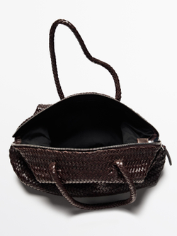 Massimo Dutti Плетеная сумка-сэтчел из кожи наппа, коричневый