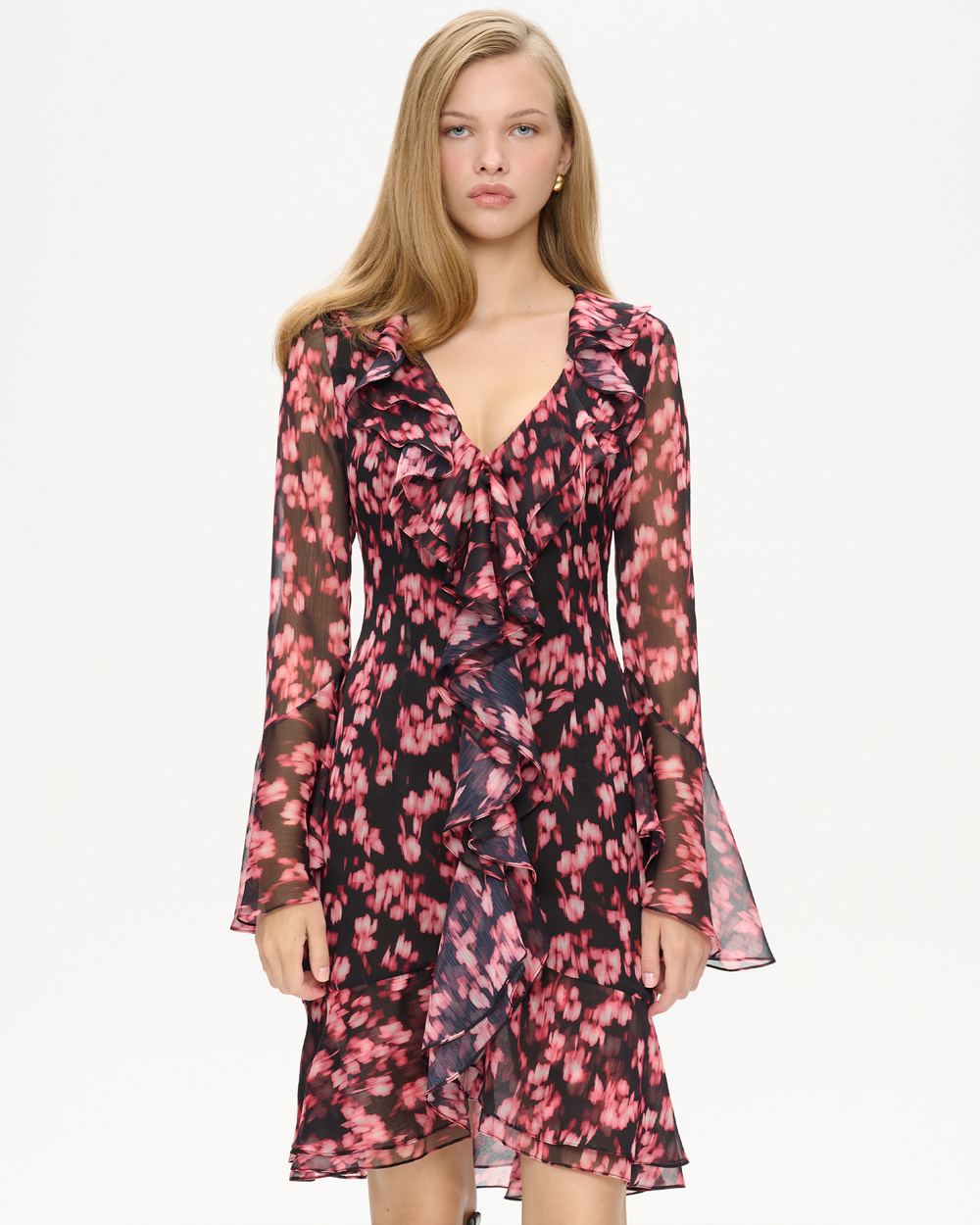 Платье мини из принтованного шифона с воланами