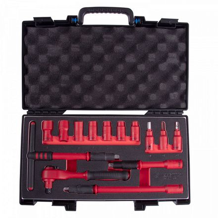 Цена на KING TONY (35VE01MRV) Набор торцевых диэлектрических головок с принадлежностями 3/8", шестигранные, 10-19 мм, 14 предметов