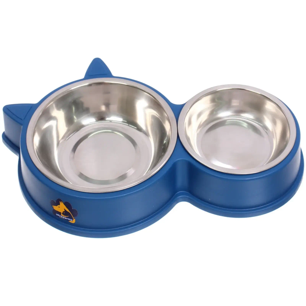 Миска пластиковая двойная с с металлическими чашками «КОТИКИКИС», цвет синий, 30*5см / 14см и 11см