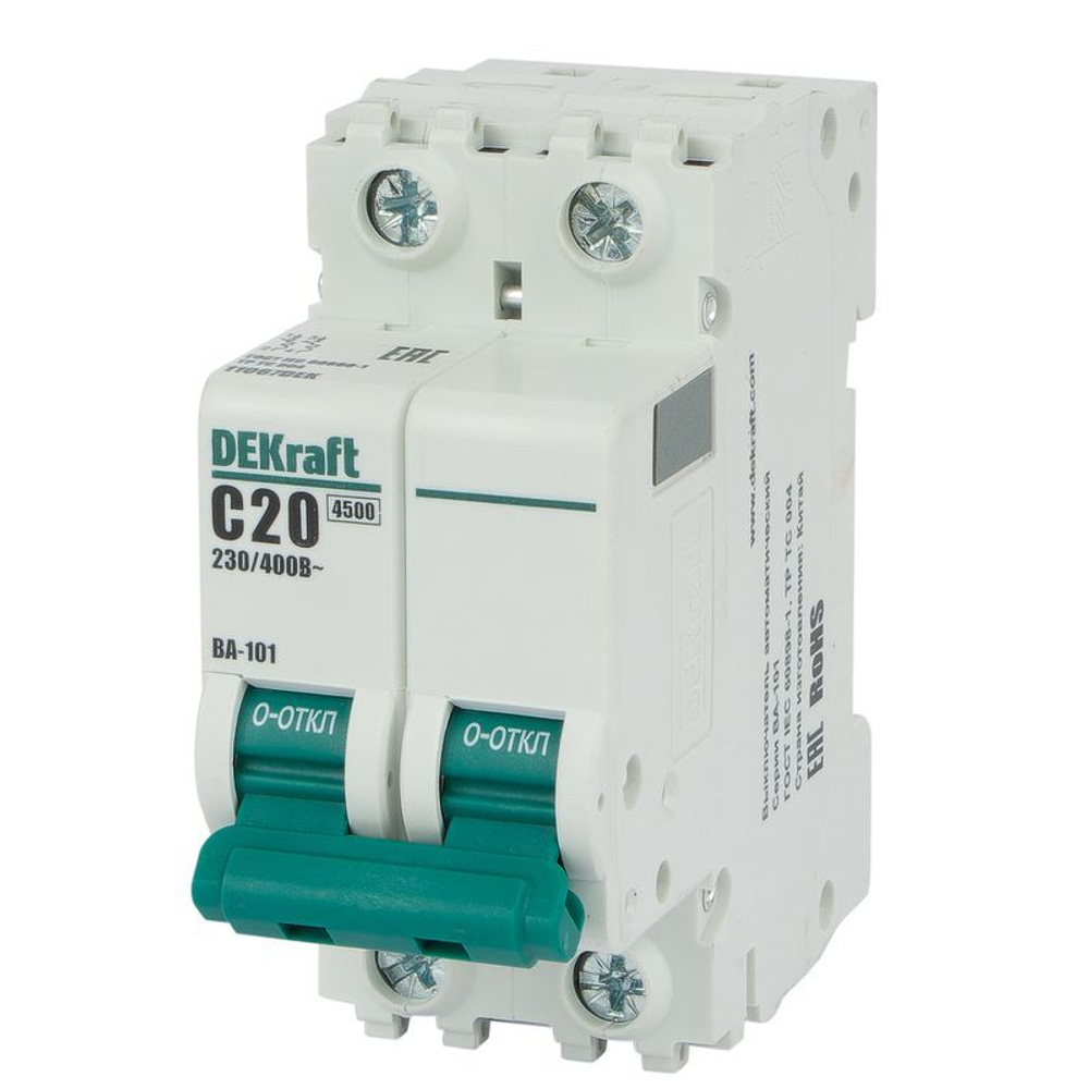 Выключатель автоматический двухполюсной C 20А 4.5кА DEKraft