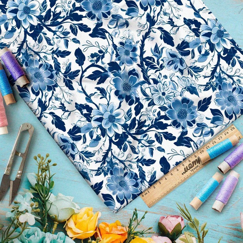 Ткань премиум шелк искусственный Армани голубой цветник