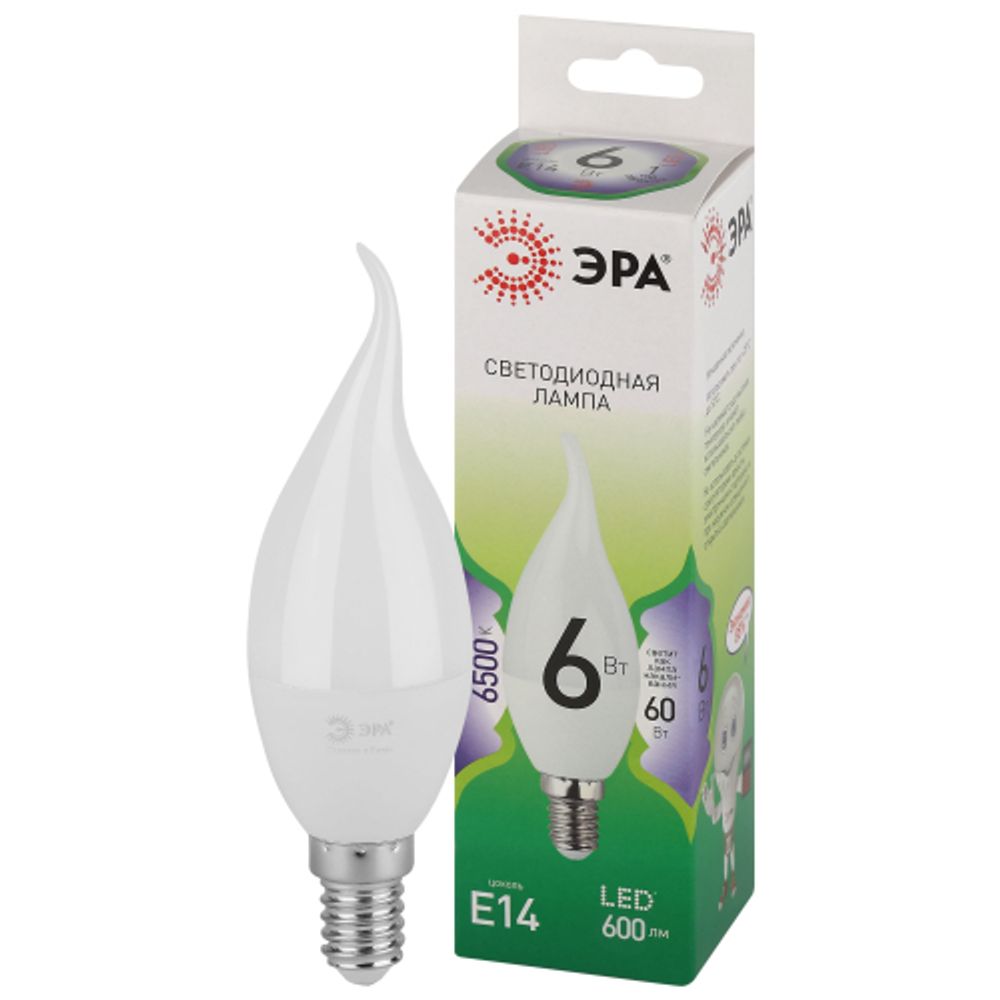Лампочка светодиодная ЭРА GREEN LINE LED BXS-6W-865-E14 GL E14 6 Вт свеча на ветру холодный свет | Лампы cветодиодные Свеча (B/C)