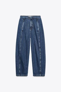 ZARA ДЖИНСЫ Z1975 С ВЫСОКОЙ ПОСАДКОЙ И ШНУРКАМИ, ВЫЦВЕТШИЙ СИНИЙ