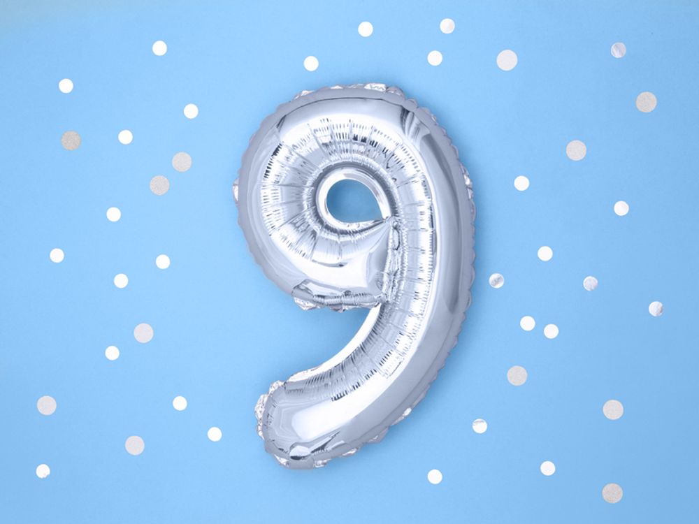 Шар с клапаном (16"/41 см) Мини-цифра, 9, Серебро