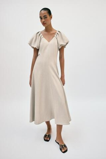 ZARA ПЛАТЬЕ МИДИ ИЗО ЛЬНА С ОБЪЕМНЫМИ РУКАВАМИ, СВЕТЛО-БЕЖЕВЫЙ