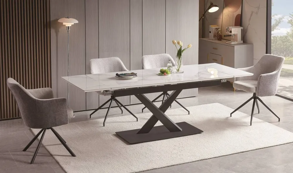 "Юпитер" стол интерьерный раздвижной обеденный из керамики, цвет белый глянцевый