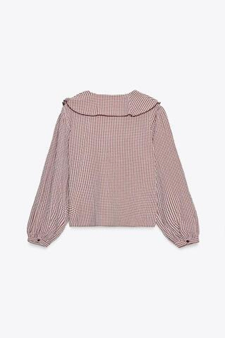 ZARA БЛУЗА В КЛЕТКУ ВИШИ С ВОЛАНАМИ, БОРДОВЫЙ/ЭКРЮ