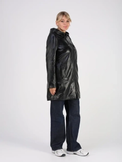 Кожаная куртка демисезонная с капюшоном длинная
