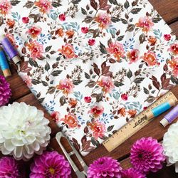 Ткань саржа акварельные розы и коричневые листья