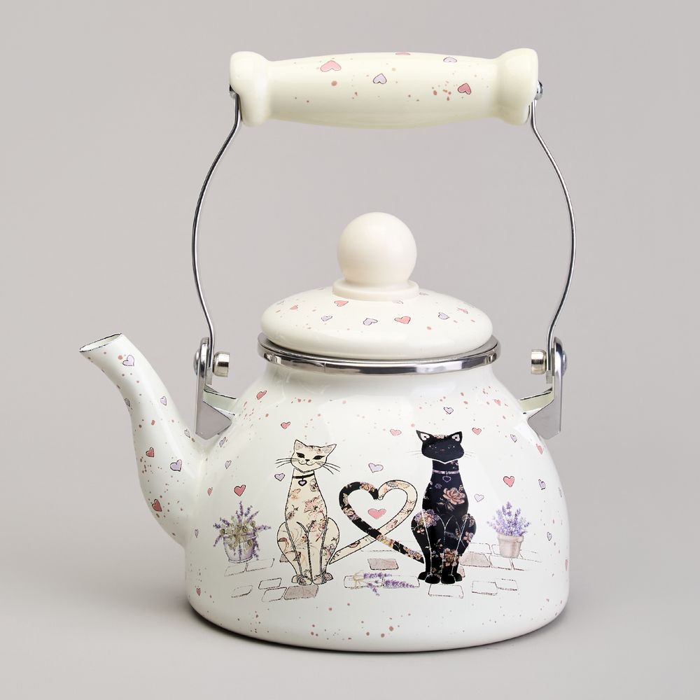 ЧАЙНИК AGNESS ЭМАЛИРОВАННЫЙ СО СЪЕМНЫМ ФИЛЬТРОМ ИЗ НЖС СЕРИЯ "LAVENDER CATS", 1,1 Л
