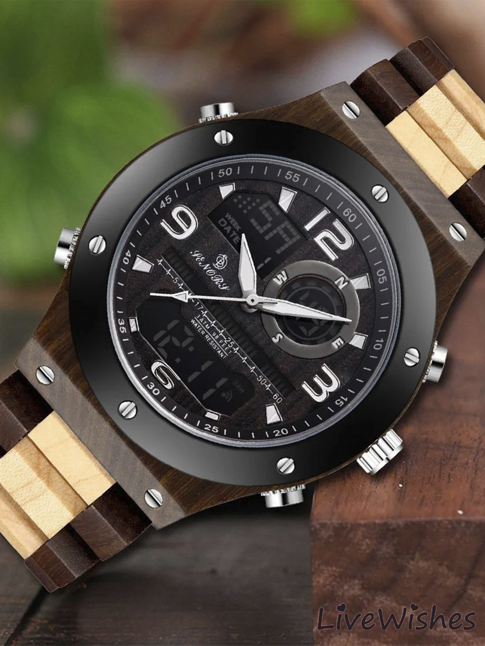 Часы наручные из натурального дерева кварцевые JENORI на деревянном браслете, оттенки коричневого W9230-01