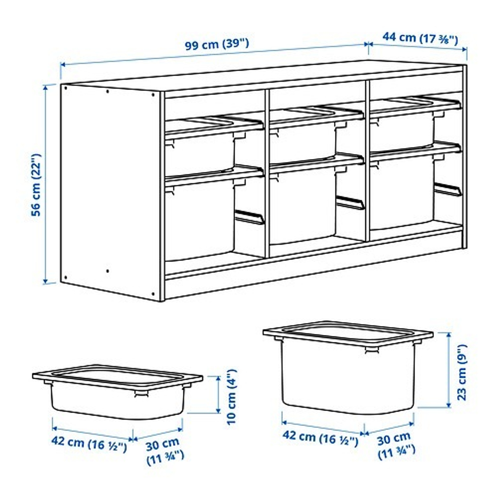 TROFAST ТРОФАСТ Стеллаж с ящиками, белый, белый/голубой, 99x44x56 см