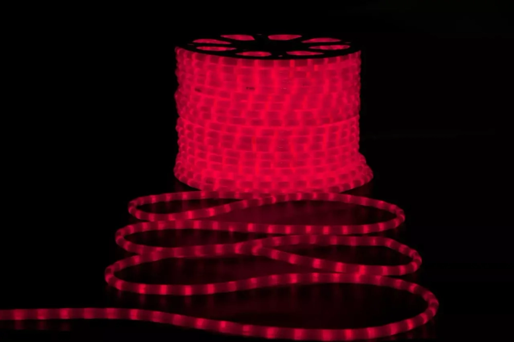 Дюралайт светодиодный 2-х проводной, диаметр 13 мм., 220В, красные LED лампы 36 шт на 1 м., бухта 100 м., матовый, статика, Teamprof (TPF-DL-2WHM-100-240-R)