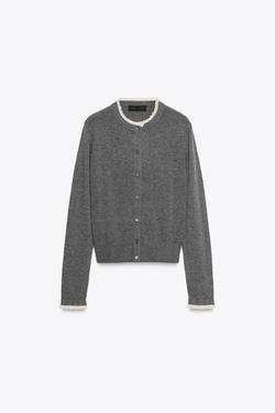 ZARА КАРДИГАН С КОМБИНИРОВАННОЙ КРУЖЕВНОЙ ОТДЕЛКОЙ, СЕРЫЙ