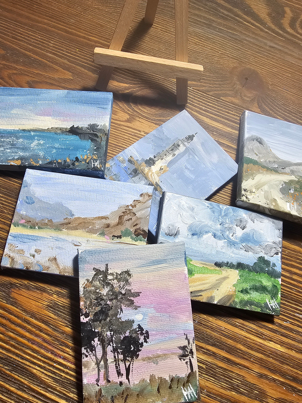 Миниатюра акрилом на холсте 6х8см "Морской берег" с мольбертом, авторская ручная работа