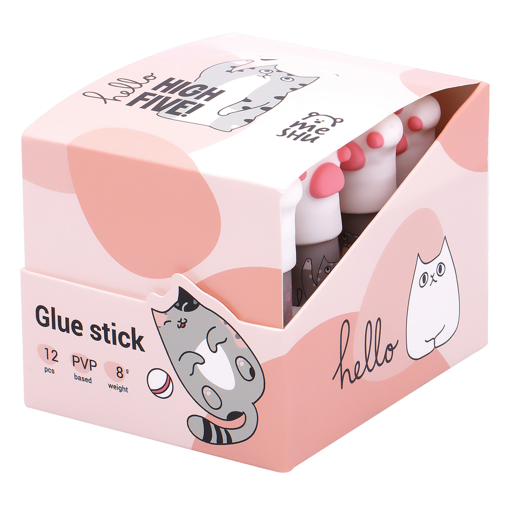 Клей-карандаш MESHU с топпером "Paw", 8г, дисплей бокс, ПВП, ассорти