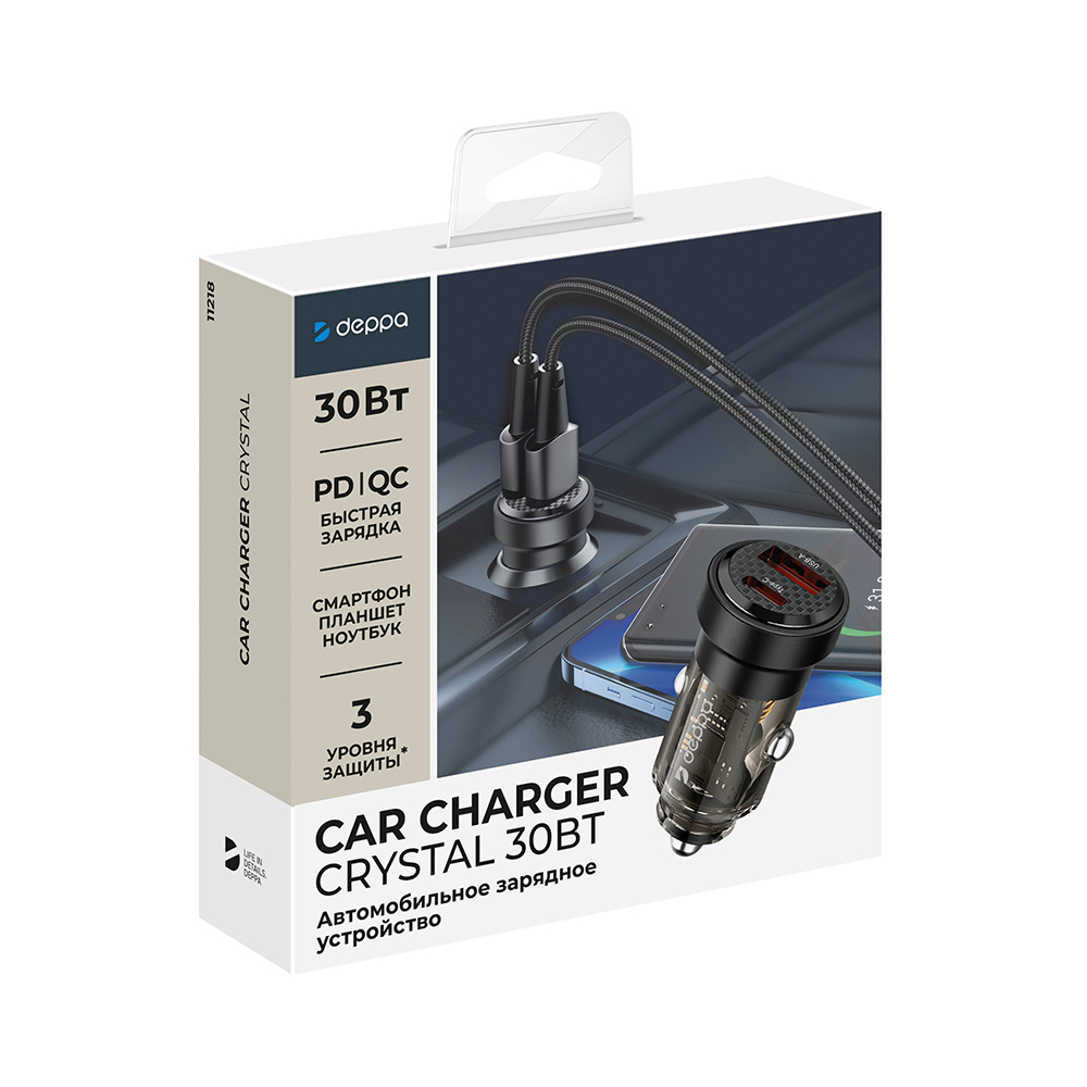 Автомобильное зарядное устройство Crystal USB A + USB-C, PD, QC 3.0, 30Вт, прозрачный, черный