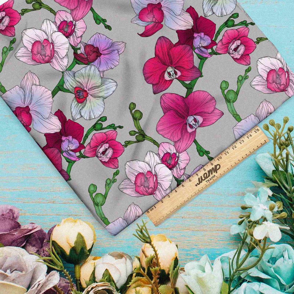 Ткань бифлекс контрастные цветочки на сером