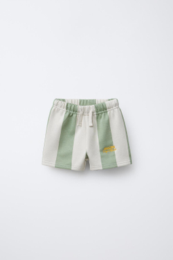 ZARA ШОРТЫ-БЕРМУДЫ В ПОЛОСКУ С ВЫШИТОЙ НАДПИСЬЮ, ЗЕЛЕНЫЙ