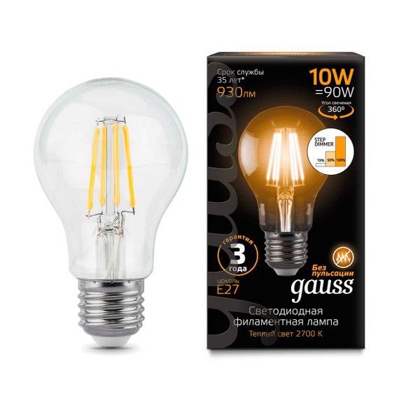 Лампа светодиодная филаментная Gauss E27 10W 2700К прозрачная 102802110