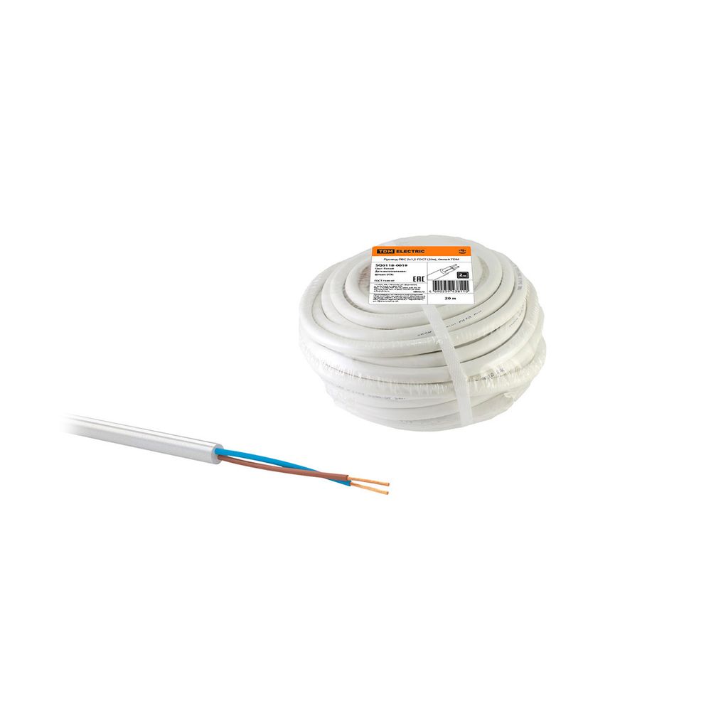 Провод бытовой ПВС Tdm Electric, 2 x 1,5 мм², 20 м, белый