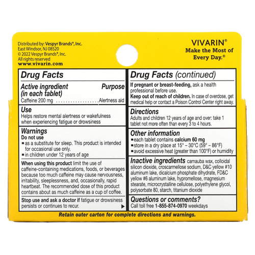 Vivarin, кофеин, добавка для поддержки концентрации внимания, 200 мг, 40 таблеток