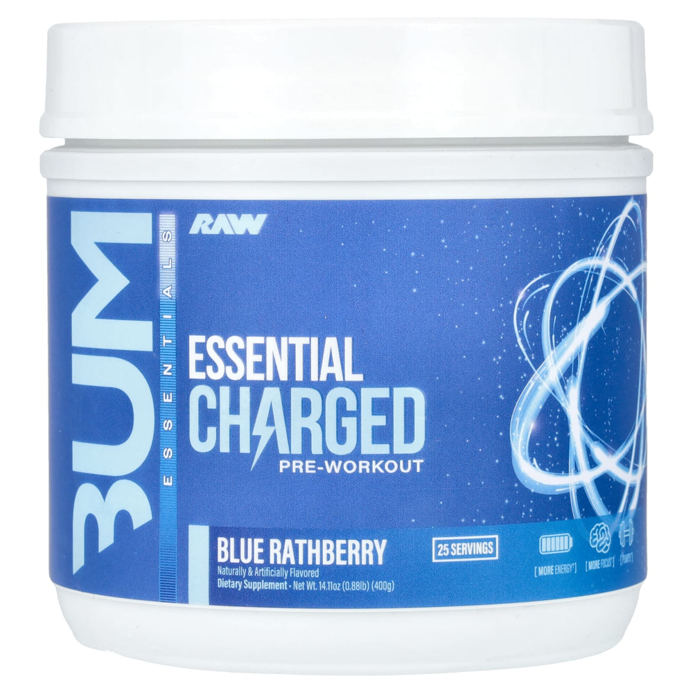 Raw Nutrition, Bum Essentials, Essential Charged перед тренировкой, голубая малина, 400 г (0,88 фунта)