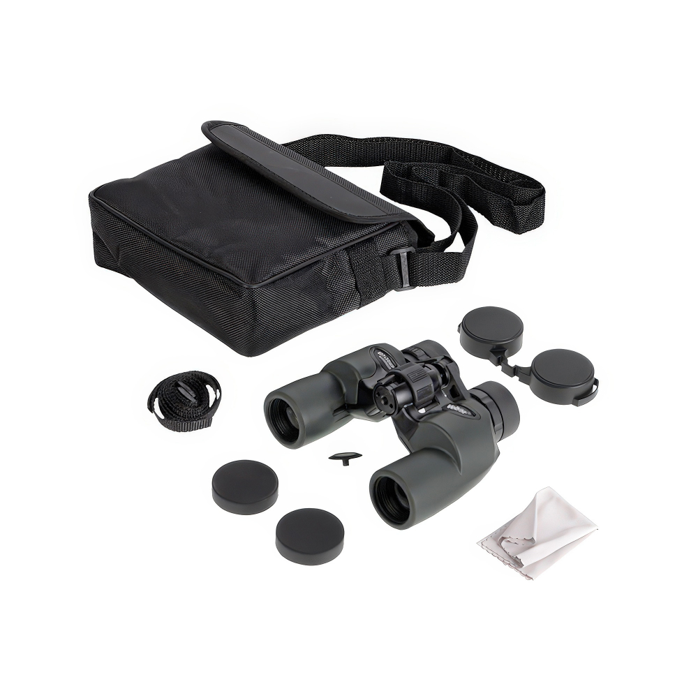 Бинокль Veber ED 7x30 WP green - комплект поставки: чехол, нетеряемые крышки окуляров и объективов, шейный ремень, салфетка