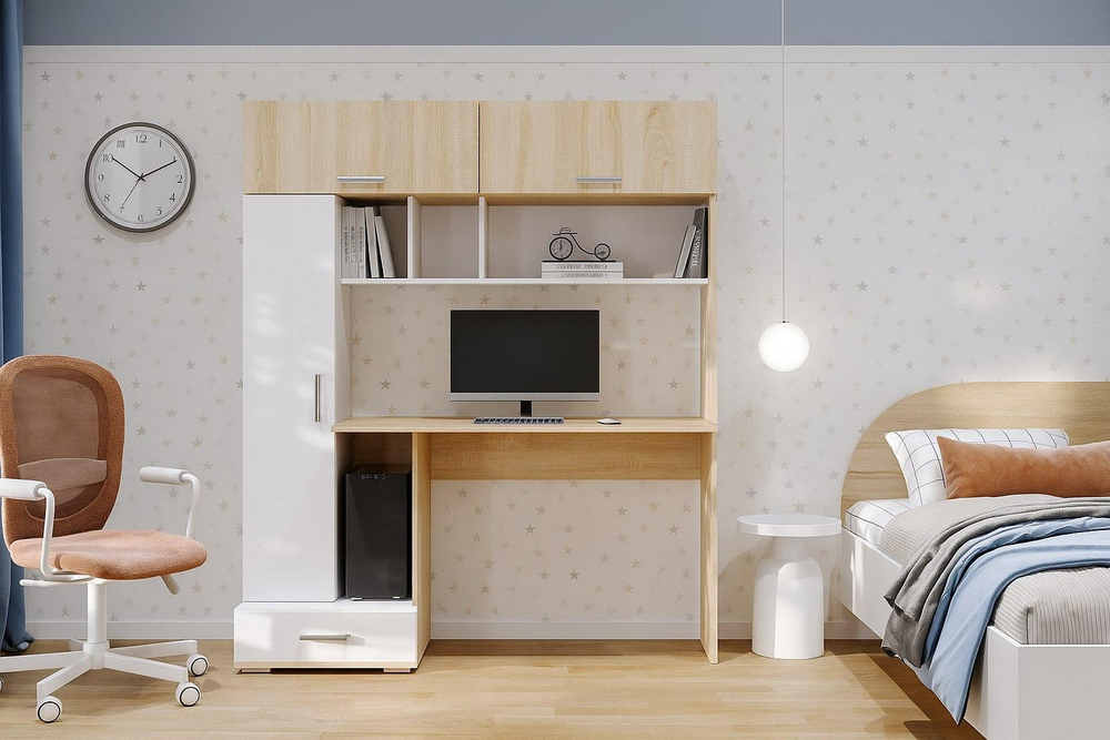 Стол компьютерный с ящиками и полками Дуб Сонома/Белый глянец 150х57х180 см