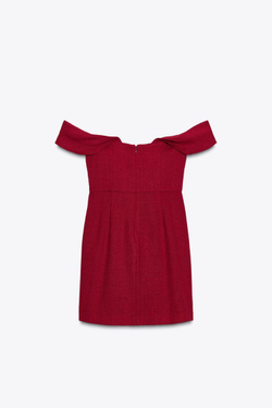 ZARA МИНИ-ПЛАТЬЕ С ОТКРЫТЫМИ ПЛЕЧАМИ И ПРИСПУЩЕННЫМИ РУКАВАМИ, ВИШНЕВЫЙ