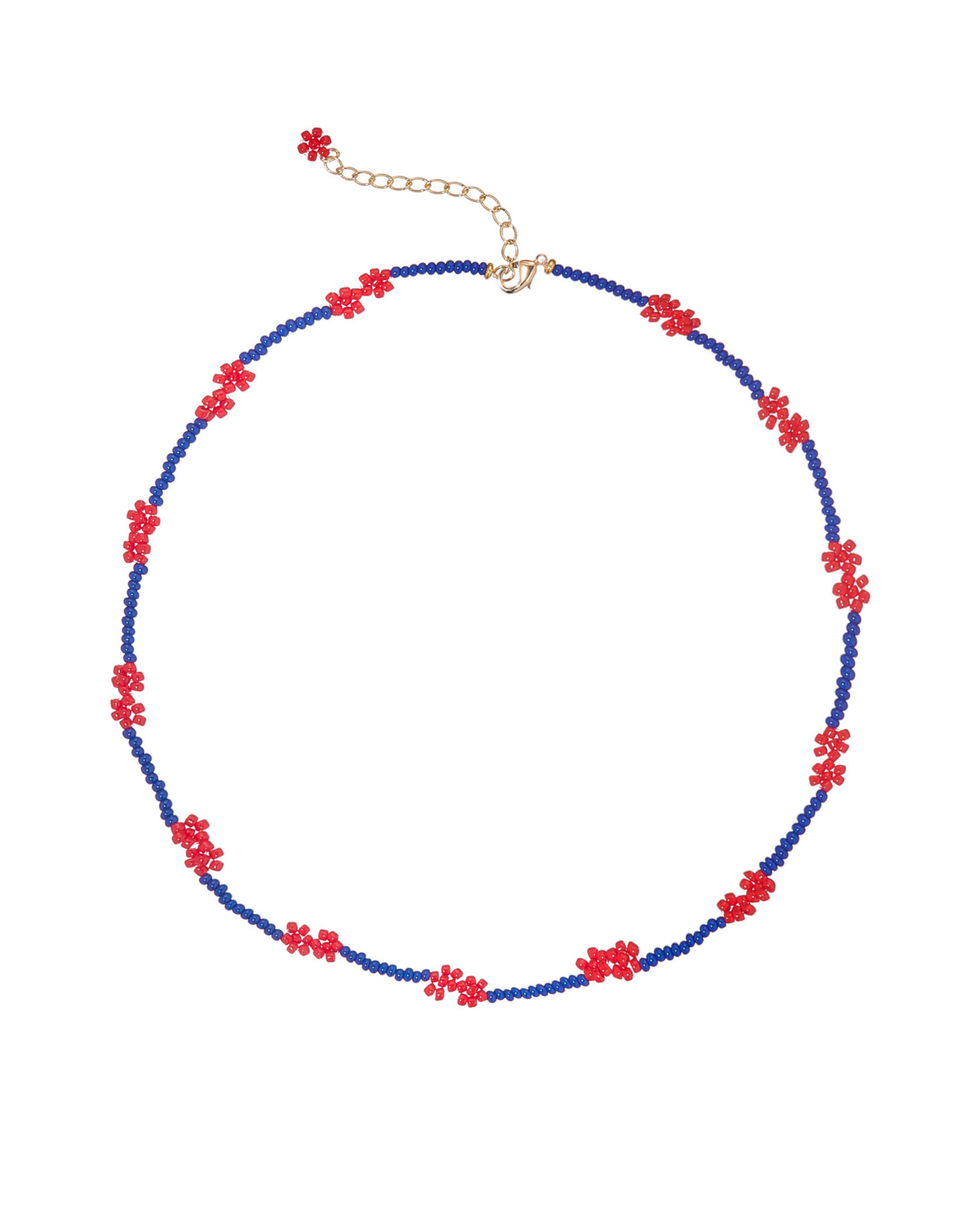 Колье-бисер синее, красные цветы