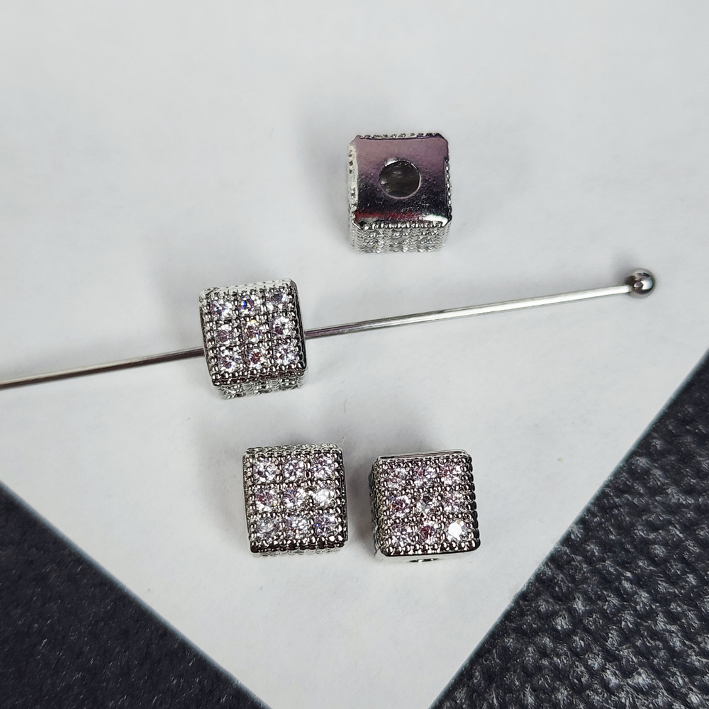 Кубик с фианитами, родий, р-р 6мм, люкс фурнитура, штучно