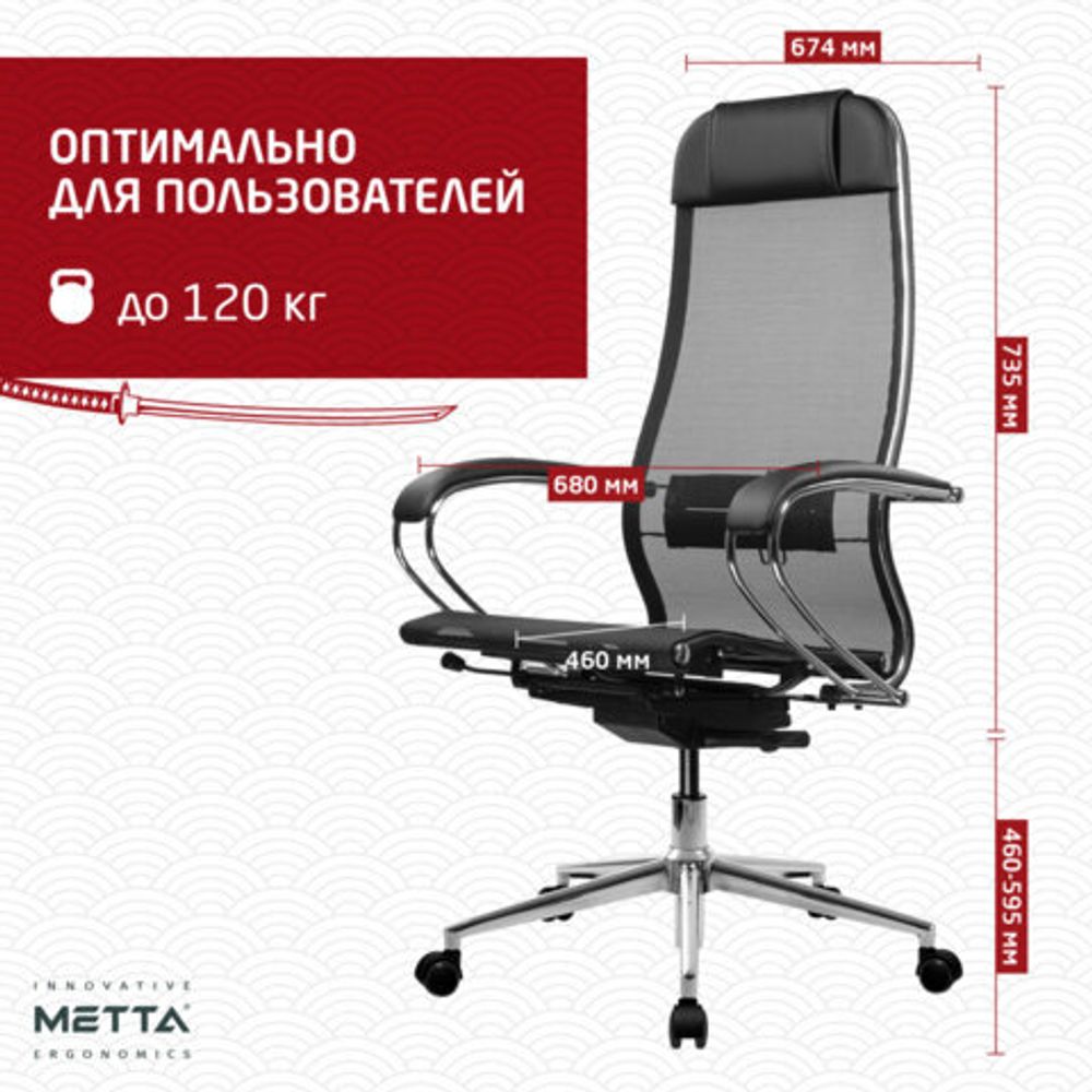 Кресло МЕТТА "ErgoLife" 10 B1-104K, хром, синхромеханизм, прочная сетка, черное