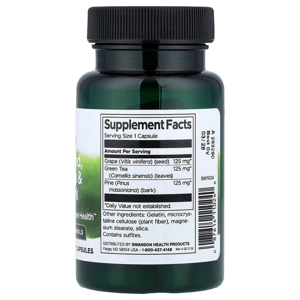 Swanson, виноградные косточки, комплекс с зеленым чаем и сосновой корой, 60 капсул