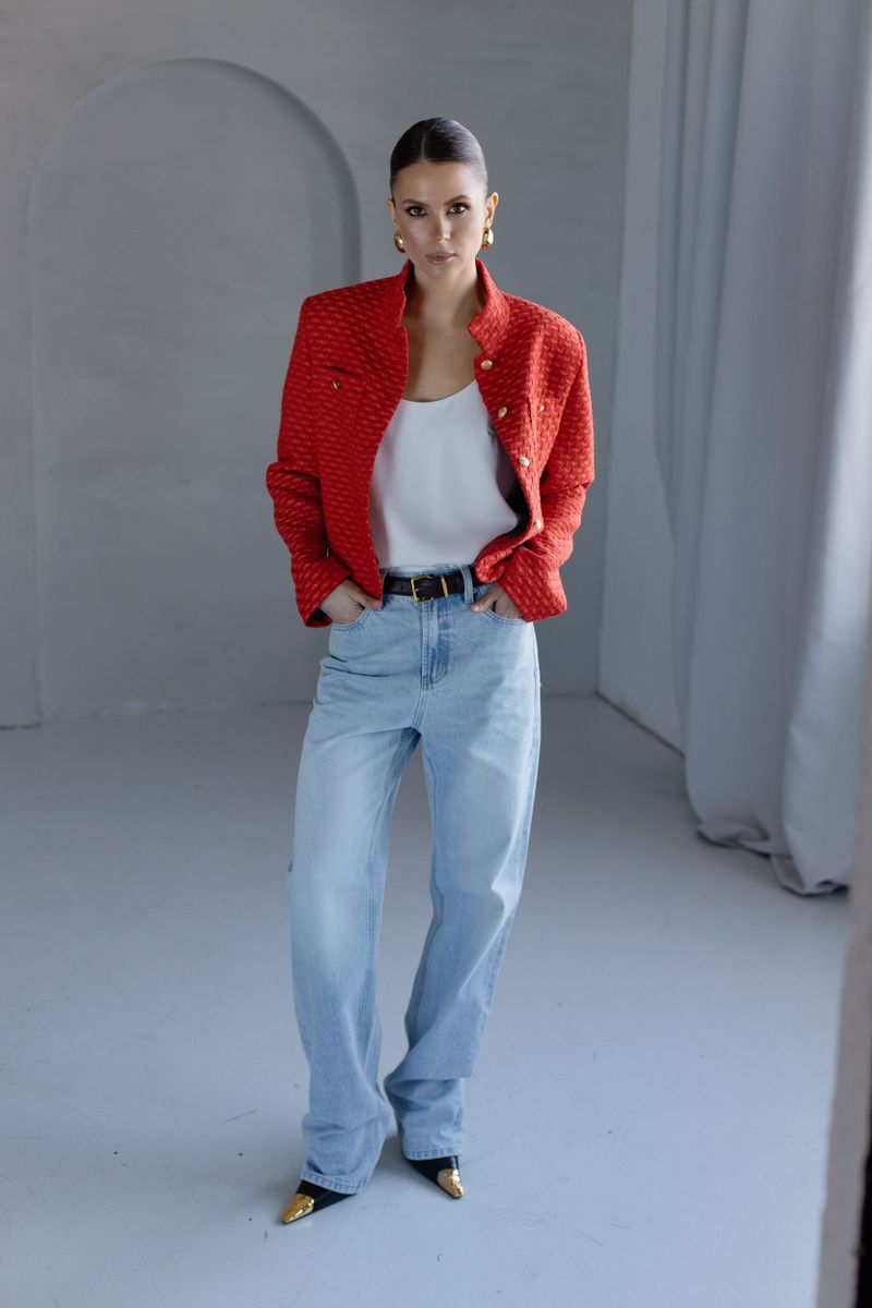 Жакет из твида укороченный со стойкой красный