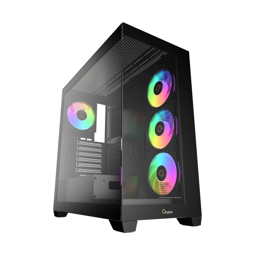 Корпус Ocypus Gamma C72 BK ARGB ATX/mATX/ITX 3xUSB, предустановленно 4х120мм вентилятора ARGB PWM, Черный, Gamma-C72-BKD400XX-GL